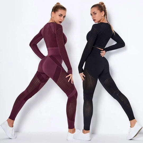 Women High waist Fitness Leggings Sport Set Tracksuit Workout Long Sleeve Seamless Yoga Clothes - Allen-Fitness