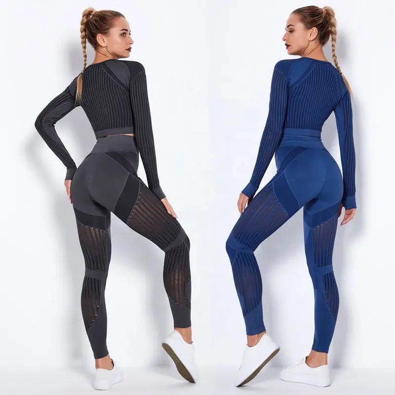 Women High waist Fitness Leggings Sport Set Tracksuit Workout Long Sleeve Seamless Yoga Clothes - Allen-Fitness