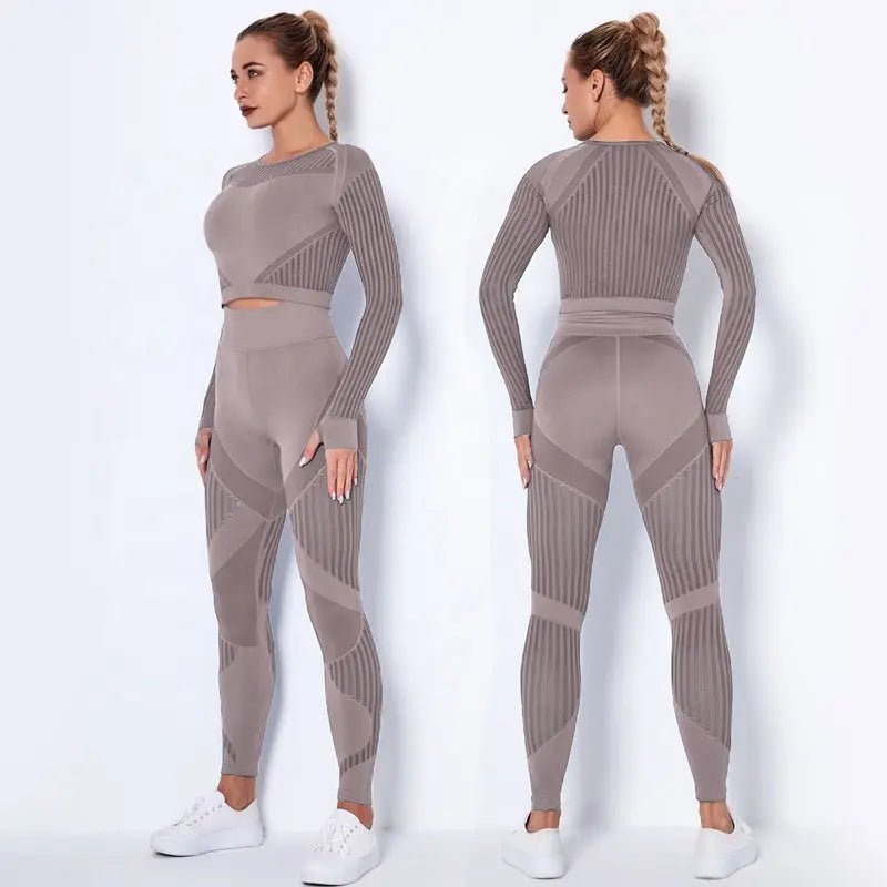 Women High waist Fitness Leggings Sport Set Tracksuit Workout Long Sleeve Seamless Yoga Clothes - Allen-Fitness