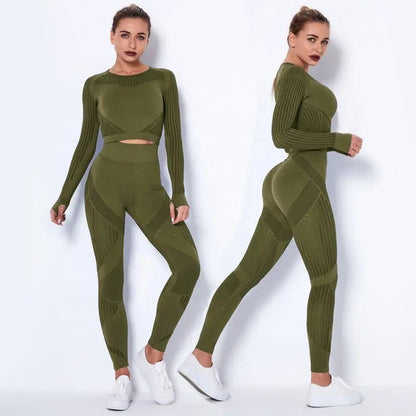 Women High waist Fitness Leggings Sport Set Tracksuit Workout Long Sleeve Seamless Yoga Clothes - Allen-Fitness