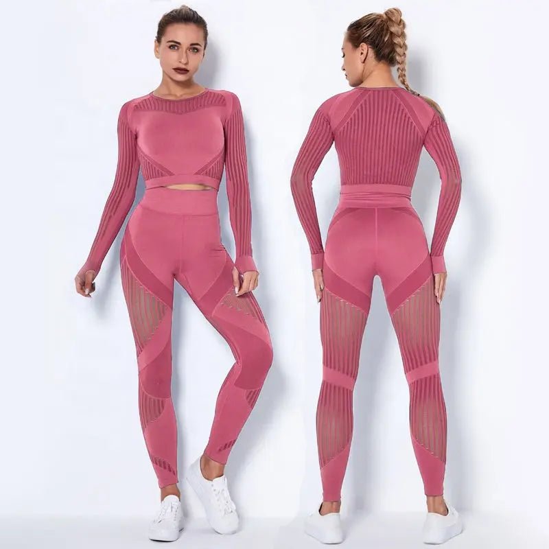 Women High waist Fitness Leggings Sport Set Tracksuit Workout Long Sleeve Seamless Yoga Clothes - Allen-Fitness