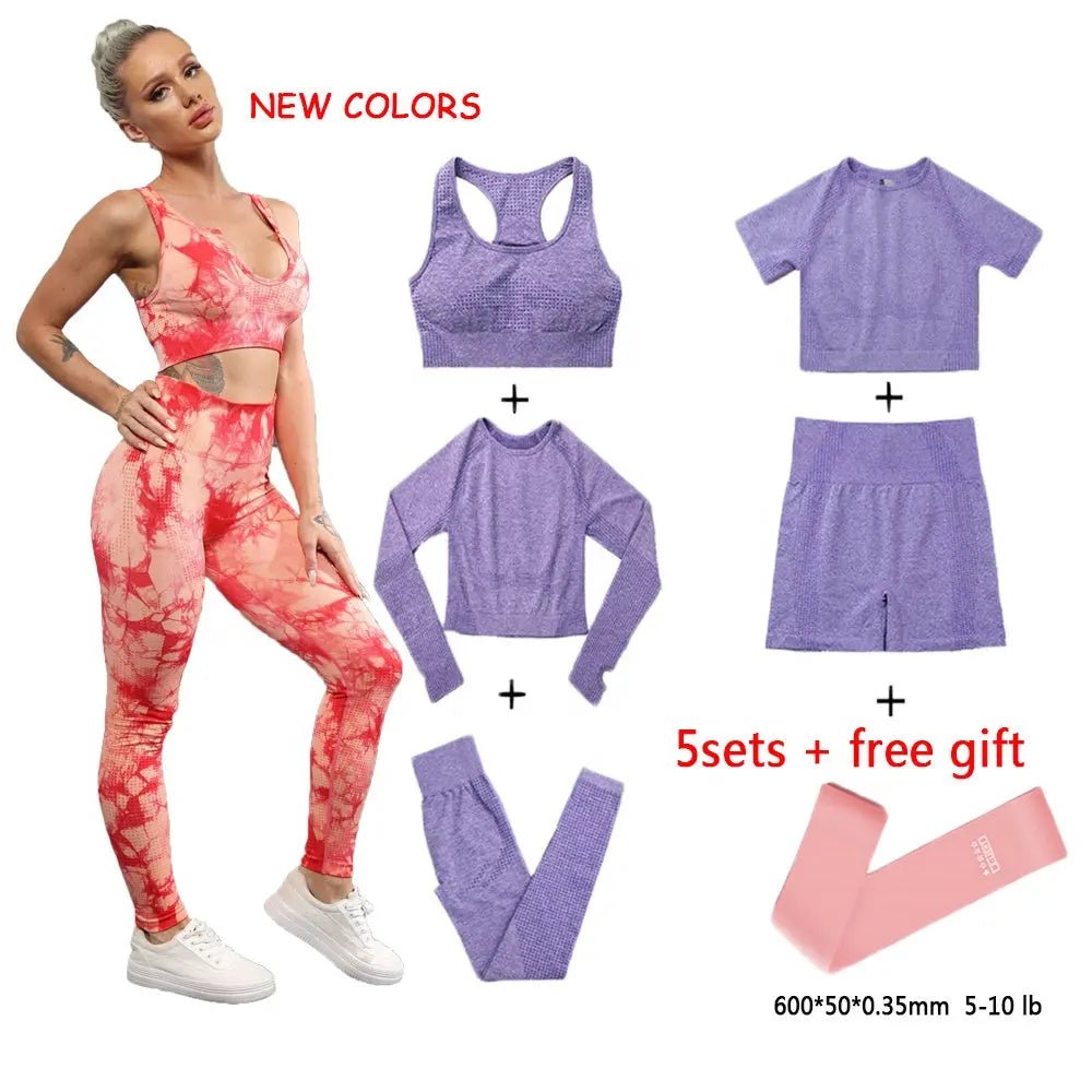 Women Vital 5 pieces yoga set Long Sleeve girl fitness crop top underwear exercise clothes high waist leggings seamless yoga set - Allen-Fitness