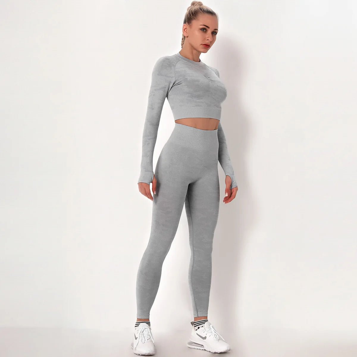 custom logo Women workout Long sleeve clothes high waist sport woman fitness and seamless printed yoga gym wear Leggings sets - Allen - Fitness