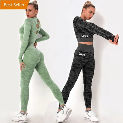 custom logo Women workout Long sleeve clothes high waist sport woman fitness and seamless printed yoga gym wear Leggings sets - Allen - Fitness