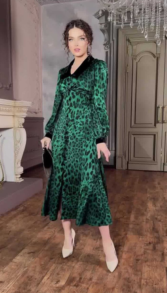 Dark Green Leopard Print Dress with Long Sleeves and Belted Waist - Sizes S to XXL - Allen - Fitness