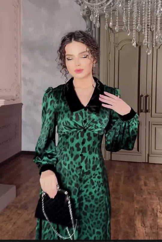 Dark Green Leopard Print Dress with Long Sleeves and Belted Waist - Sizes S to XXL - Allen - Fitness