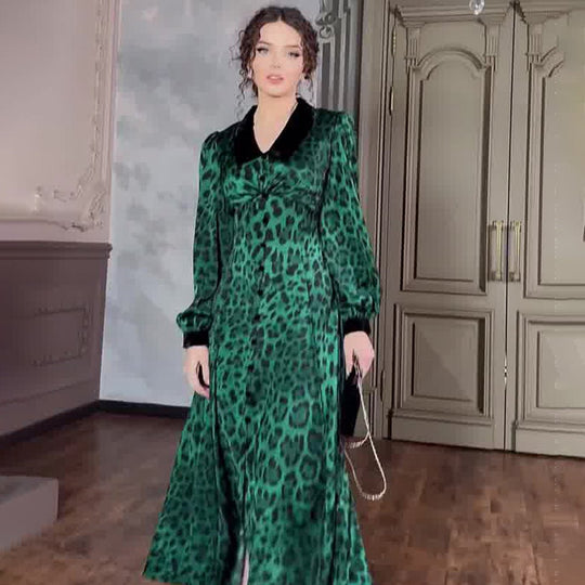 Dark Green Leopard Print Dress with Long Sleeves and Belted Waist - Sizes S to XXL - Allen - Fitness