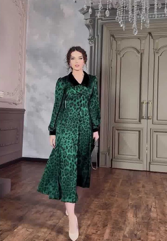 Dark Green Leopard Print Dress with Long Sleeves and Belted Waist - Sizes S to XXL - Allen - Fitness