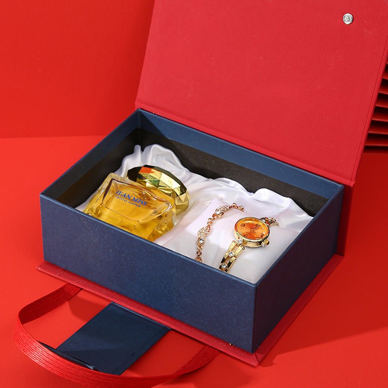 Gift Set for Women - Elegant Watch, Lipstick, Perfume, and Earrings in Red or Orange Box - Allen - Fitness