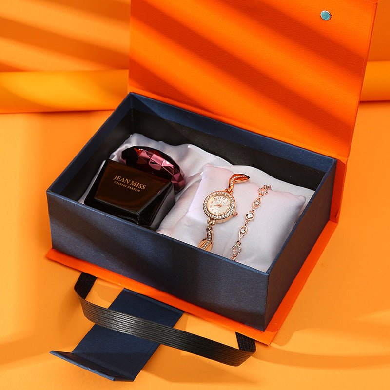 Gift Set for Women - Elegant Watch, Lipstick, Perfume, and Earrings in Red or Orange Box - Allen - Fitness