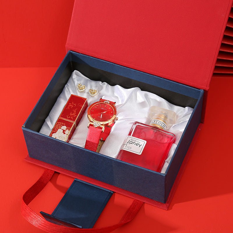 Gift Set for Women - Elegant Watch, Lipstick, Perfume, and Earrings in Red or Orange Box - Allen - Fitness