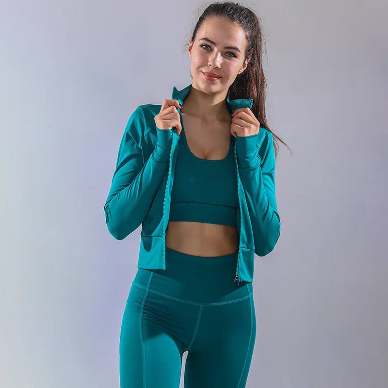 Hot Fashion Yoga Clothes Customizable 3 Piece Yoga Set Fitness Soft Sports Bra Running Leggings Trainer Jacket Sets For Women - Allen - Fitness