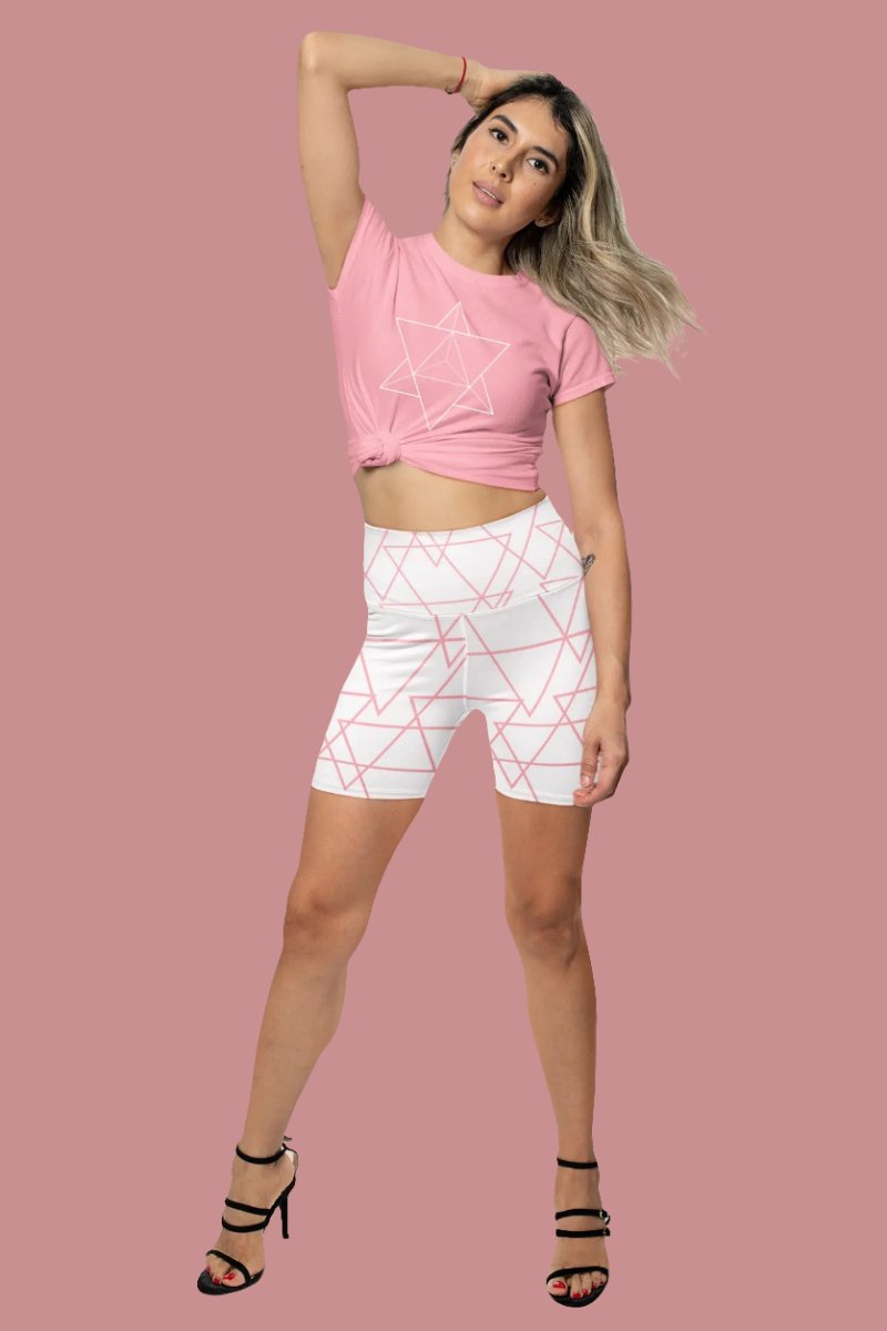 Lavinia Pink Geometry Women Yoga Shorts (High Waistband, 82% Polyester) - Allen - Fitness