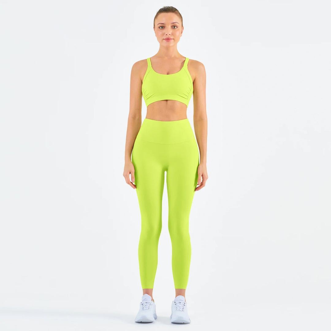 New Drop Yoga Outfit Women Sets in Buttery Soft Fabric with Ruched Sports Bra & High Waist Leggings - Allen - Fitness