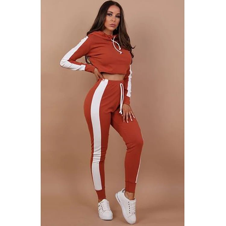 New Ladies Work Out Casual Tracksuit Crop Hoodie Joggers Set Gym Suit - Allen - Fitness