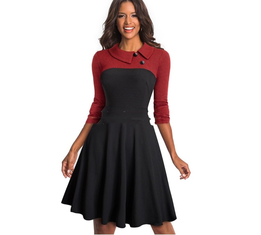 Three - quarter Sleeve Slim - fit Commute Color Contrast Patchwork Lapel A - Line Dress - Allen - Fitness