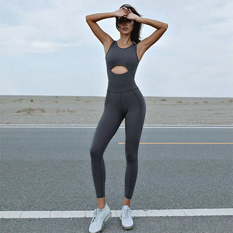 wholesale woman hollow out jumpsuit yoga playsuits sleeveless nylon gym bodysuit - Allen - Fitness