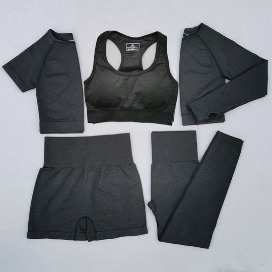 Wholesale yoga 5 piece yoga set workout sportswear customized private brand women seamless gym fitness set - Allen - Fitness
