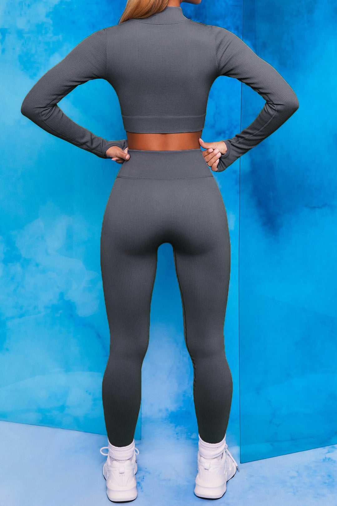 Front Zip Long Sleeve Crop Top Seamless Ribbed Texture Full Length High Waist Workout Fitness Legging workout clothes set - Allen Fitness