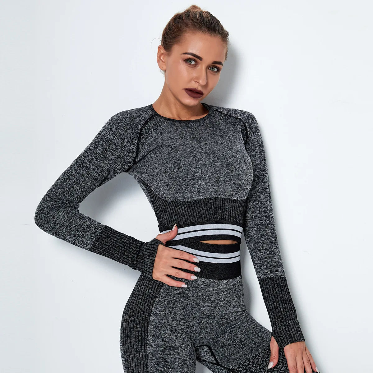 Women Waist Stripe Seamless Seamless Crop Top Yoga Top Long Sleeve Shirt Gym Clothes - Allen Fitness