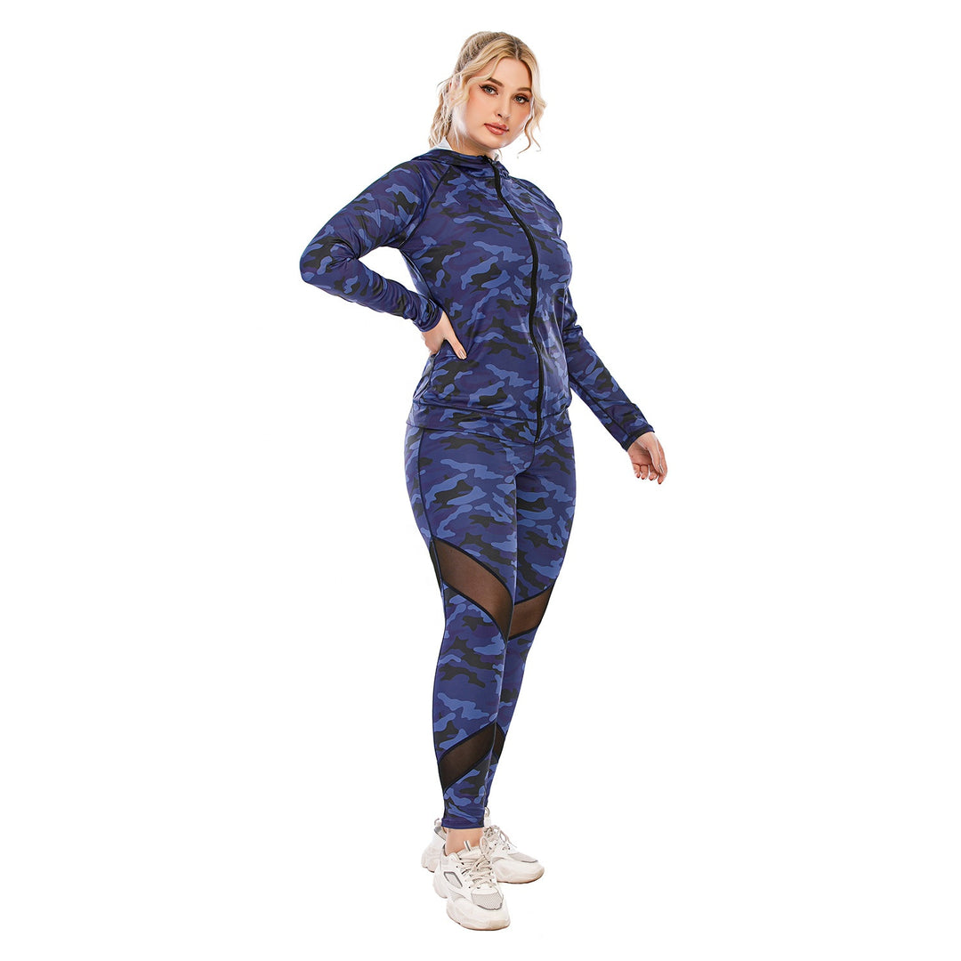 Blue Camouflage Yoga Sets 3XL Women's Sportswear Plus Size 3pcs Yoga Suit Legging Fitness Sports Bra Jacket Fall Yoga Set 20set - Allen Fitness