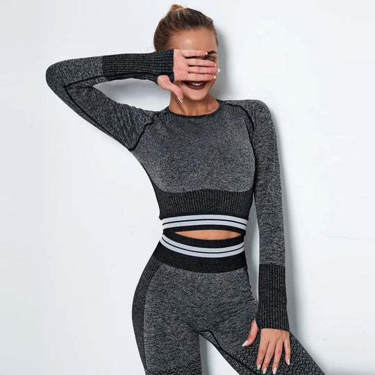 Women Waist Stripe Seamless Seamless Crop Top Yoga Top Long Sleeve Shirt Gym Clothes - Allen Fitness