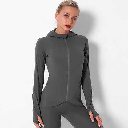 Women Autumn Zipper Design Long Sleeve Gym Fitness Running Jogger Outfit With Hood - Allen Fitness