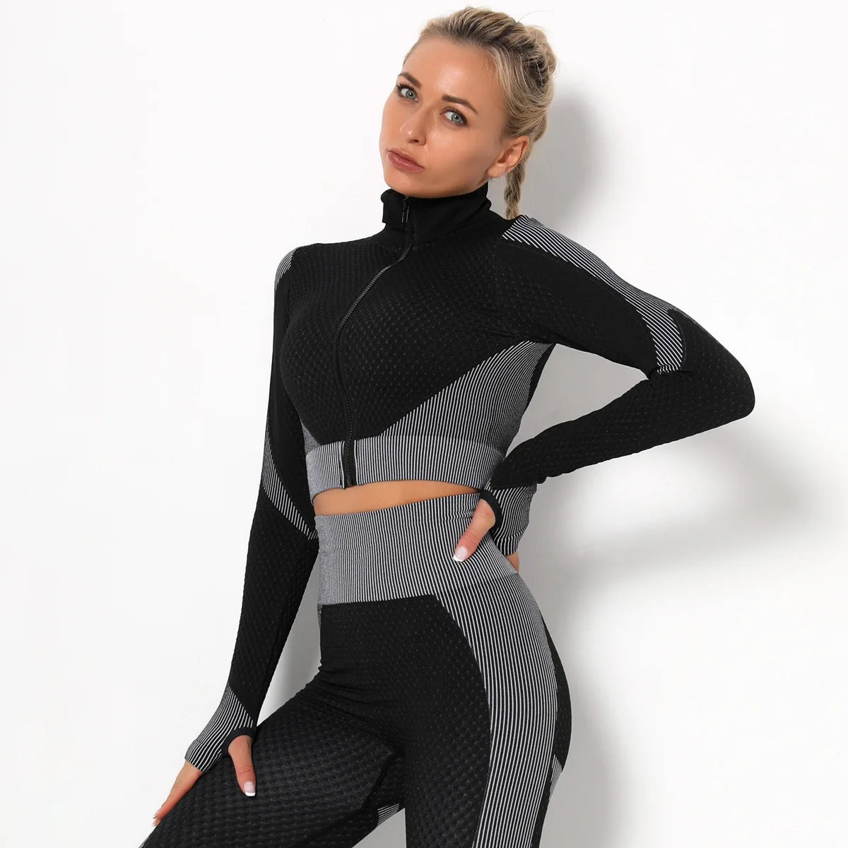 Women Hot Seller High Collar Long Sleeve Fitness Jogger Clothes Running Sportswear With Zipper - Allen Fitness